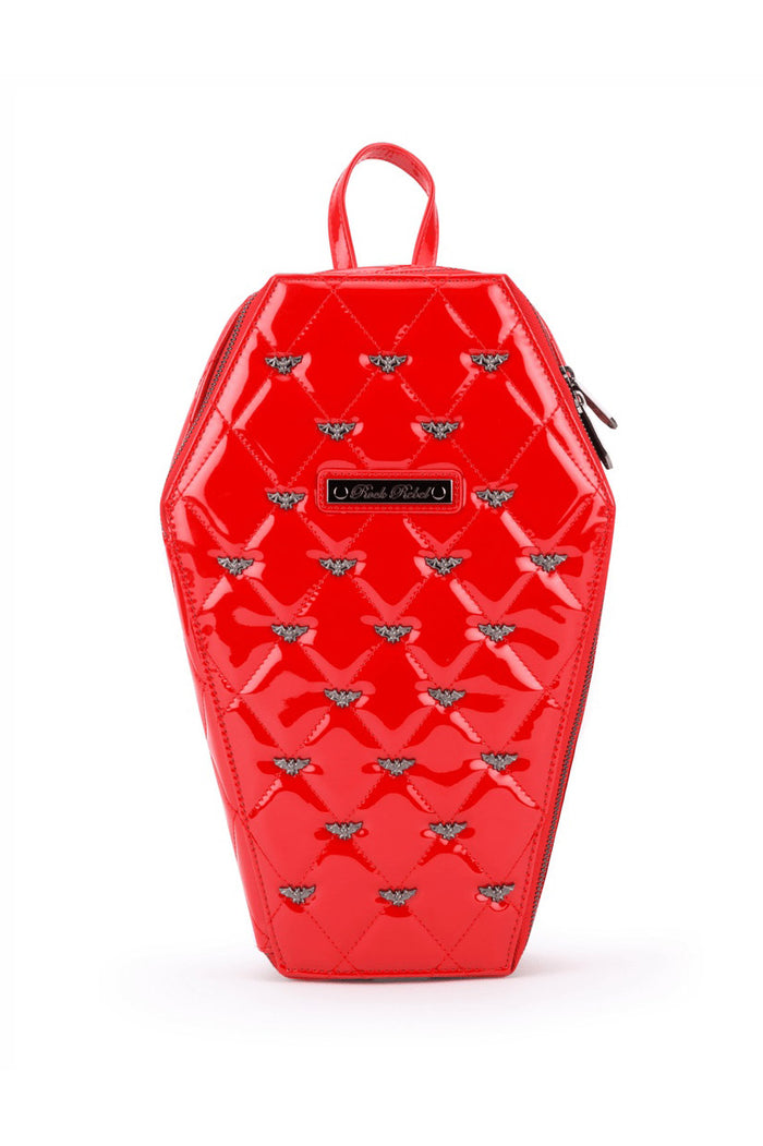 PU red shiny leather vegan coffin shaped backpack