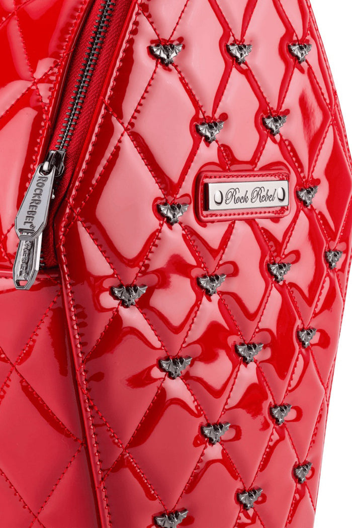 zippered studded PU red shiny leather vegan coffin shaped backpack