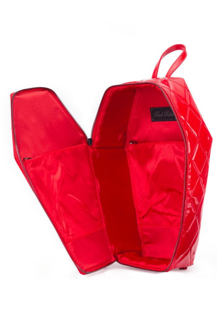 PU red shiny leather vegan coffin shaped backpack with bat studs