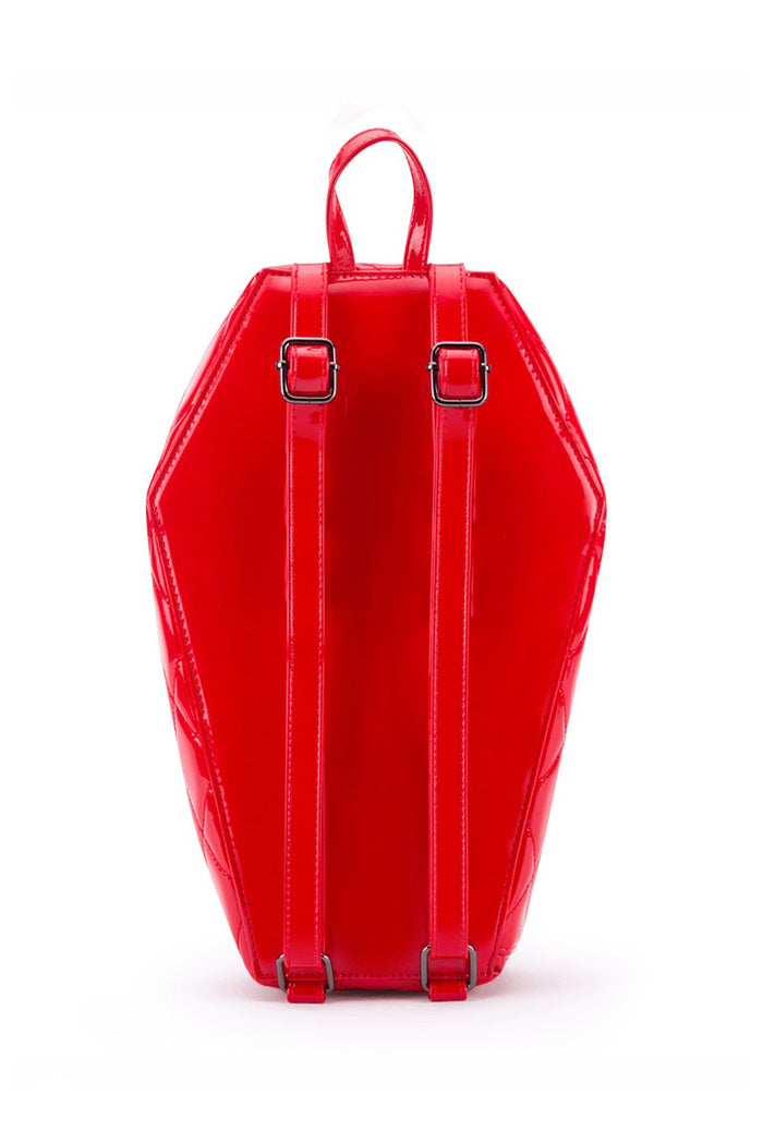 PU red shiny leather vegan coffin shaped backpack by rock rebel