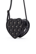 A black heart-shaped quilted crossbody bag with small metallic bee embellishments, a front zipper pocket, and a thin shoulder strap, shown on a plain white background.