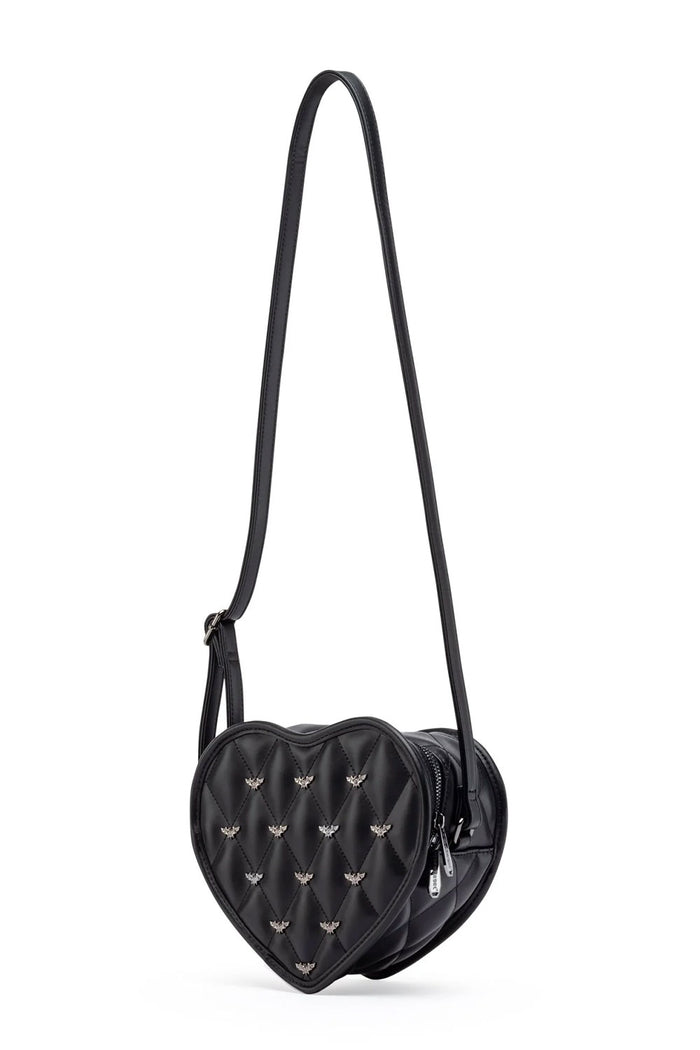 heart shaped crossbody bag in patent black vegan leather with bat details