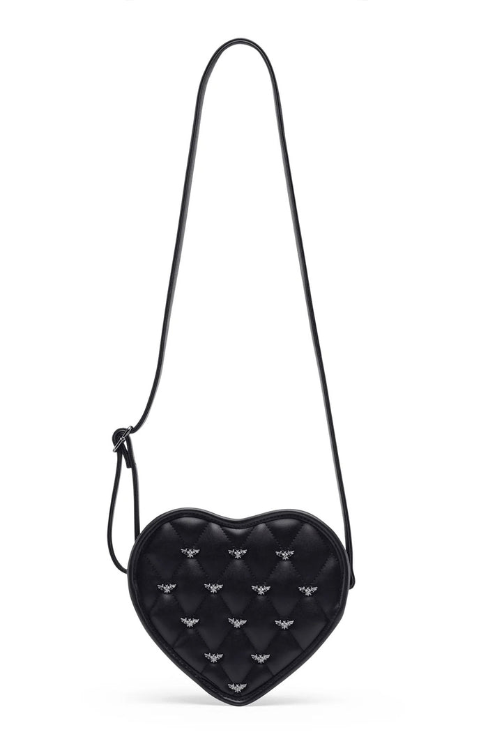 matte black vegan leather purse with studs and bat details