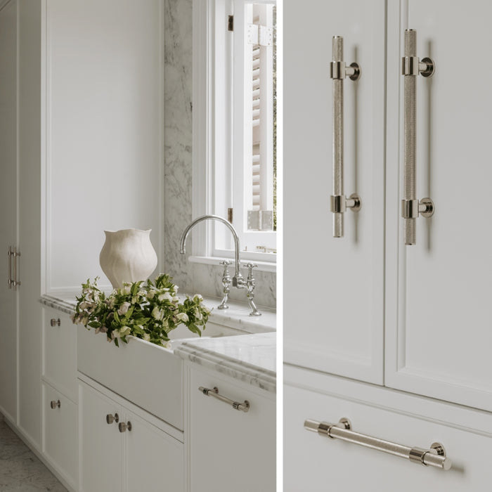 Momo Handles Belgravia Knurled in polished nickel featured in Hamptons style kitchen - The Blue Space
