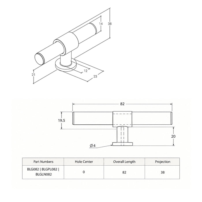 Line Drawing Momo Handles Belgravia 82mm T Knob Lined Dull Brushed Nickel BLGLN082.DBR - The Blue Space