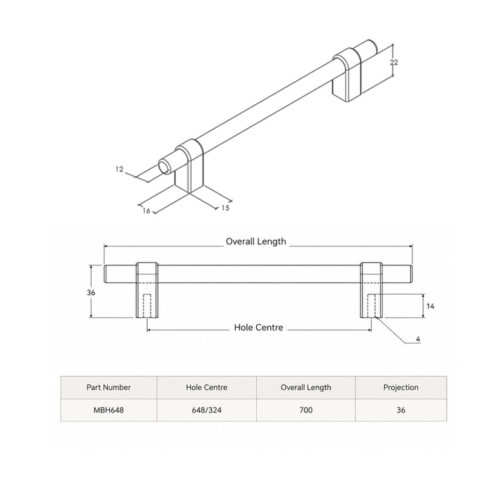 Line Drawing Momo Handles Maida 648mm Pull Handle Brushed Satin Brass MBH648.BSB - The Blue Space