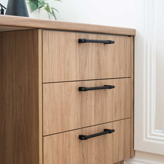 Momo Handles Maida in Black featured on timber desk unit in home study - The Blue Space