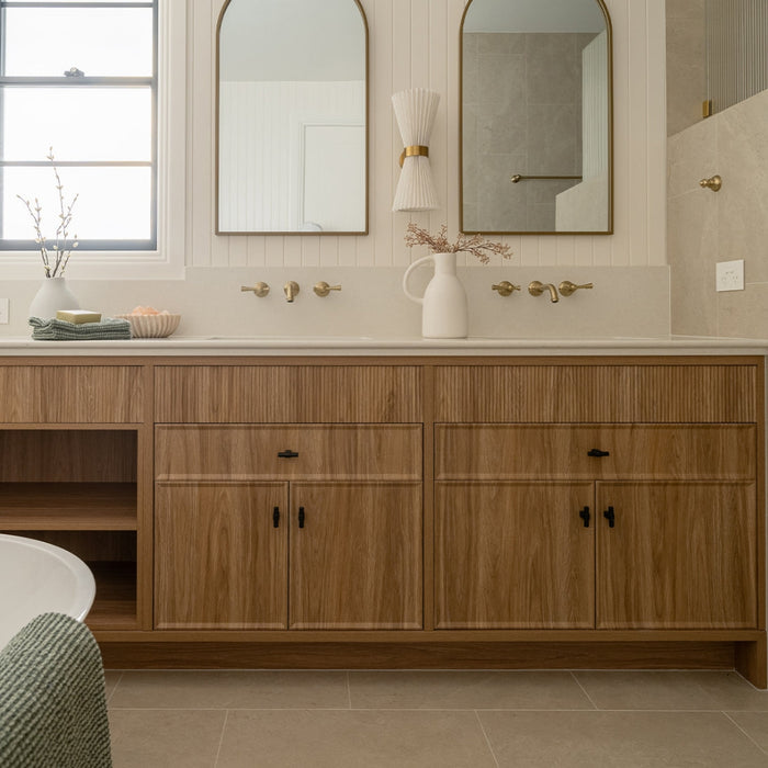 Momo Handles Maida T Knob in Black featured in Modern Australian Bathroom - The Blue Space
