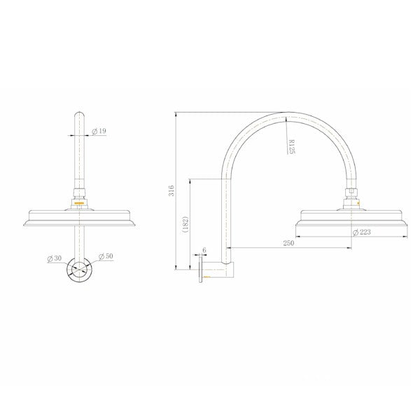 Technical Drawing: Montpellier Shower Arm and Rose Brushed Nickel