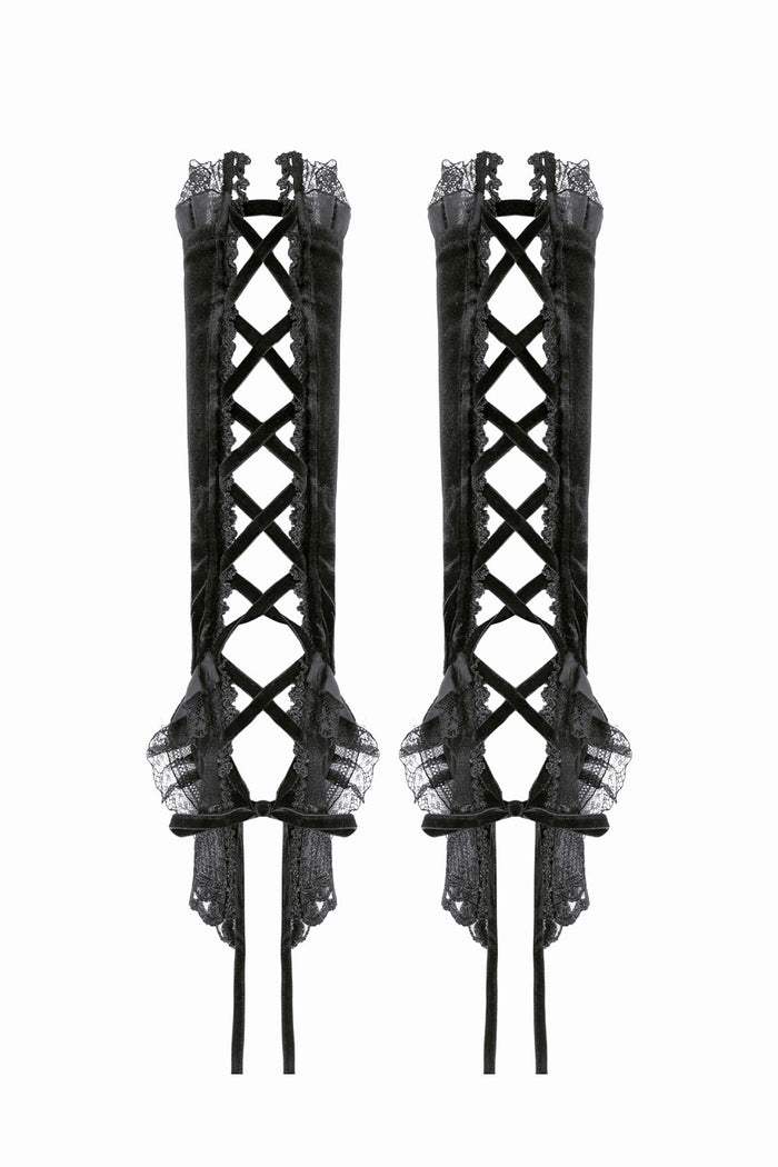 Black lace up arm warmers with lace and ribbon