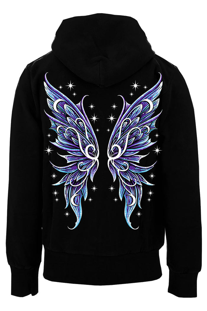 Black hoodie with blue and purple fairy wings design on the back against a white background