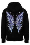 Black hoodie with blue and purple fairy wings design on the back against a white background