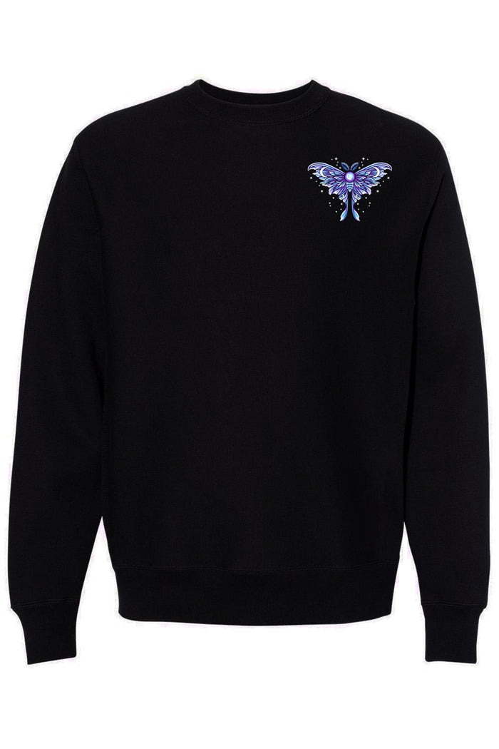 Black sweatshirt with a blue luna moth design on a white background