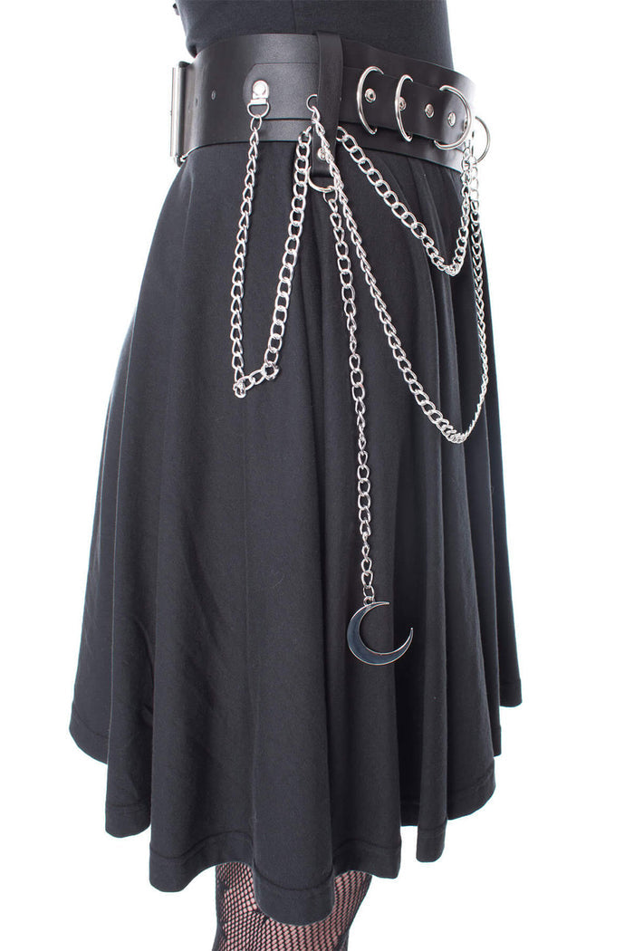 womens black vegan leather draped chain punk waist belt
