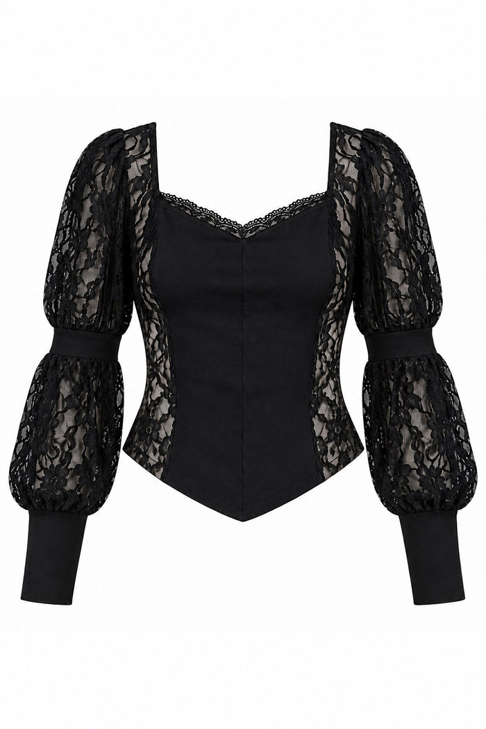 A black lace and satin corset-style top with dramatic puffed sleeves, shown on a plain white background.