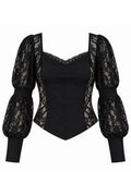 A black lace and satin corset-style top with dramatic puffed sleeves, shown on a plain white background.