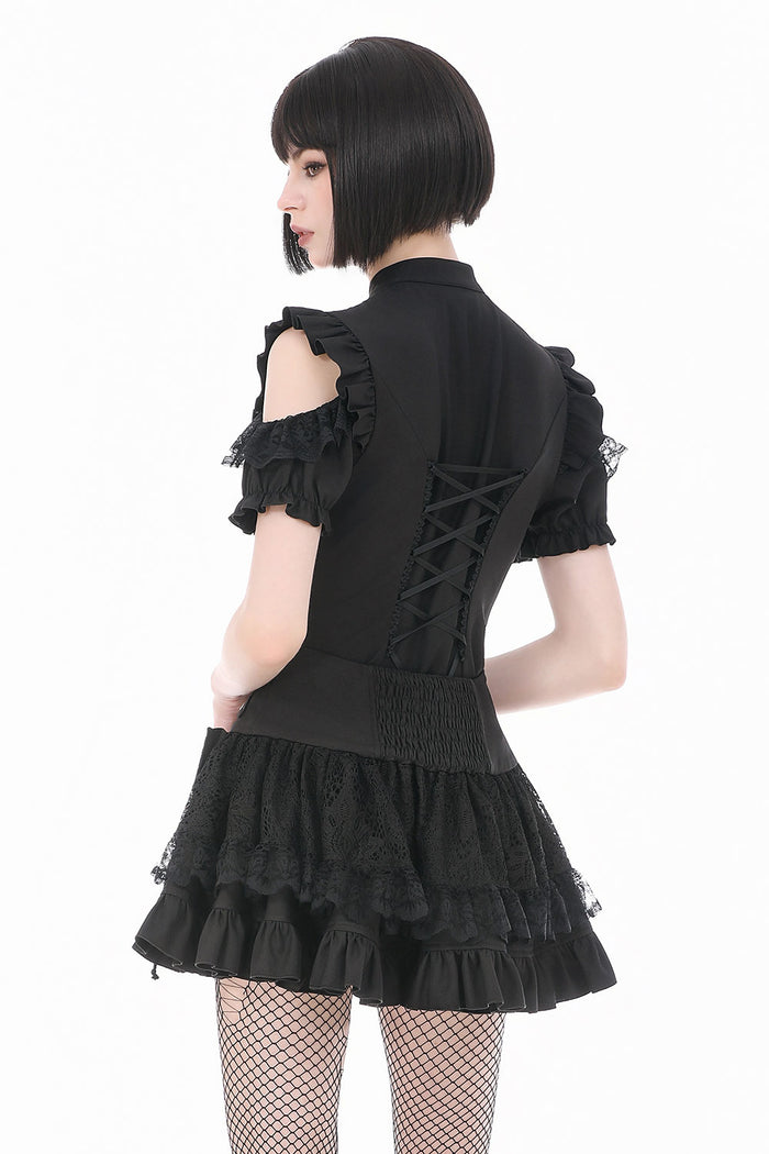 Womens ruffle top with lace and lace up corset style back