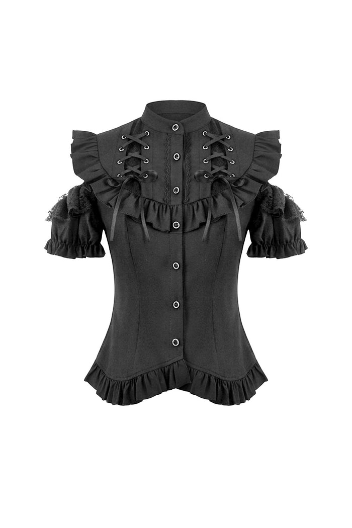 Goth fashion flattering womens black top with lace up ribbon shoulders