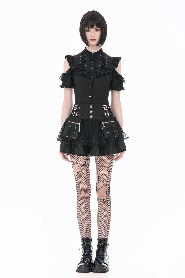 Womens black gothic ruffle top with lace