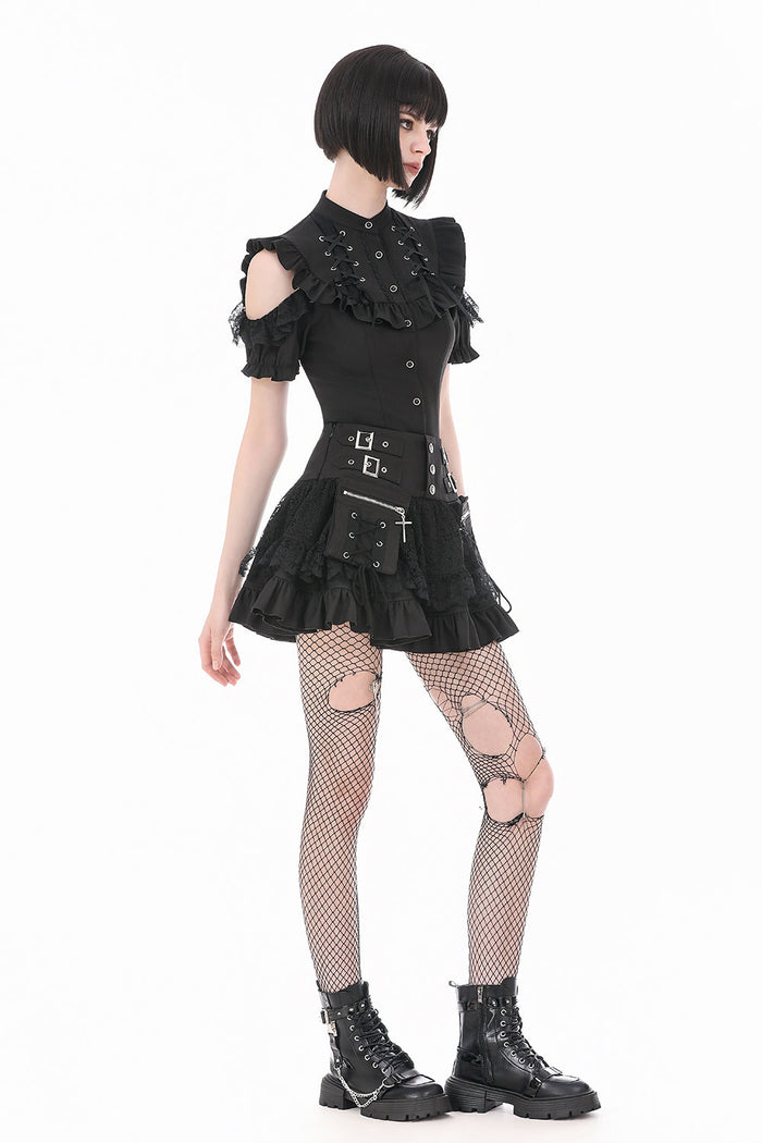 Romantic goth top with cutout shoulders and lace