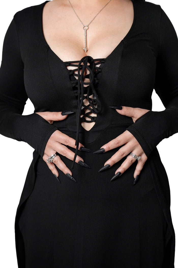 lace-up long leg-slit gothic dress