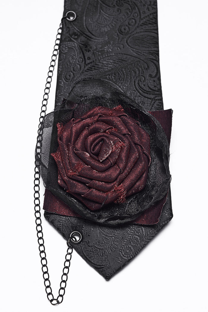 romantic goth mens damask necktie with a rose and chain