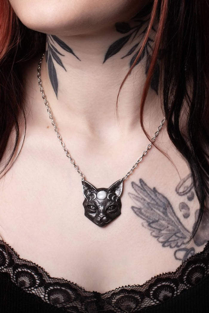 pewter witch black cat necklace by alchemy  england