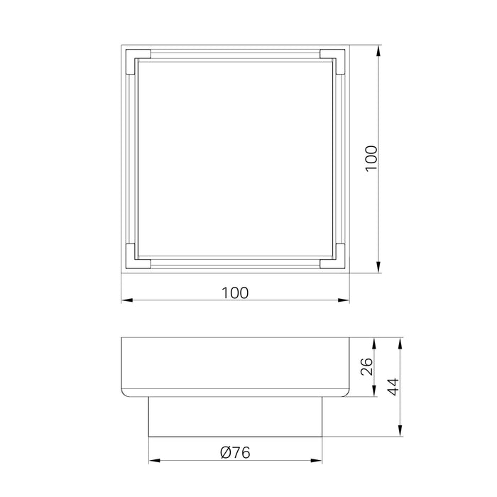 Technical Drawing Nero 100mm Square Tile Insert Floor Waste 80mm Outlet Brushed Bronze NRFW009BZ  - The Blue Space