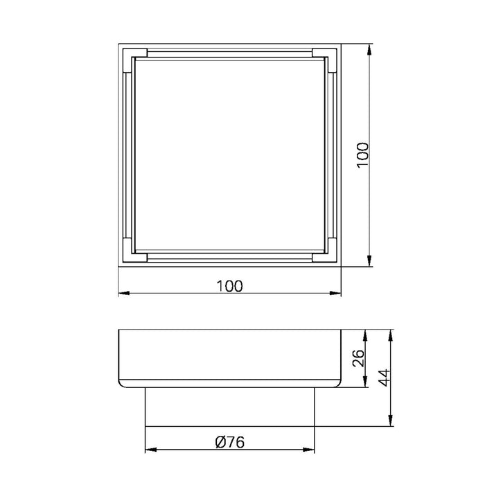 Technical Drawing Nero 100mm Square Tile Insert Floor Waste 80mm Outlet Brushed Gold NRFW009BG - The Blue Space