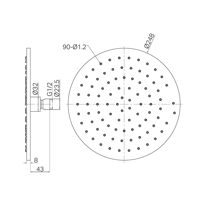 Technical Drawing Nero 250mm Round Metal Shower Head II Brushed Gold NR507046BG - The Blue Space