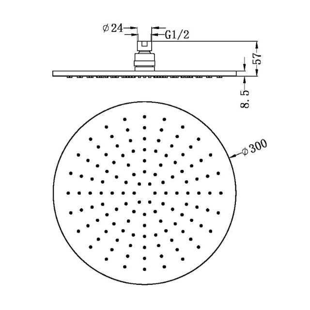 Technical Drawing Nero 300mm Round Shower Head Brushed Nickel NRROA1202BN - The Blue Space