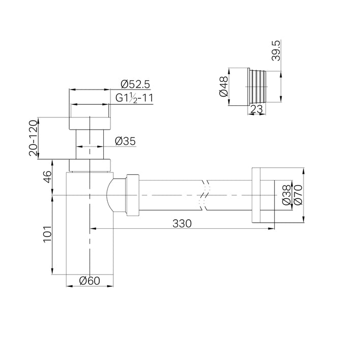 Technical Drawing Nero 40mm Round Bottle Trap II Brushed Nickel 25A001BN - The Blue Space