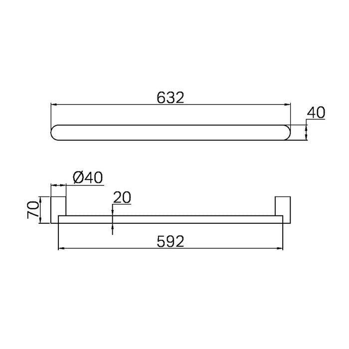 Technical Drawing Nero Bianca 240V Single Heated Towel Rail Chrome NR9025HCH - The Blue Space