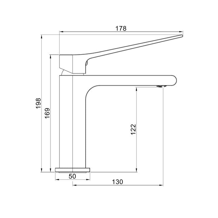 Technical Drawing Nero Bianca Care Basin Mixer Brushed Gold NR321502ABG - The Blue Space