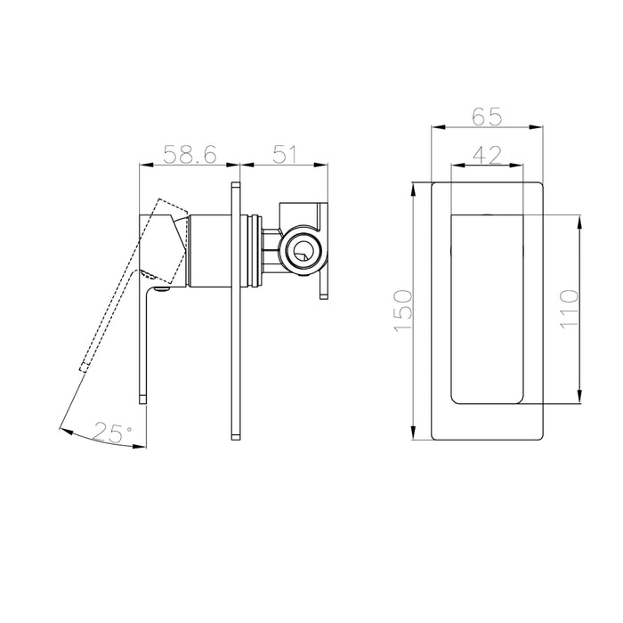 Technical Drawing Nero Celia Shower Mixer Rectangular Backplate Matte Black NR301511BMB - The Blue Space