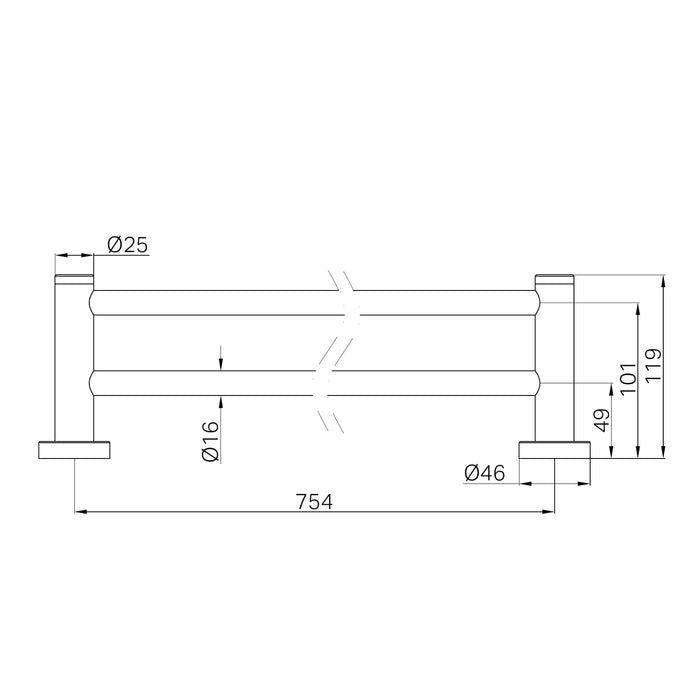 Technical Drawing Nero Dolce II Double Towel Rail 800mm Gun Metal NR2030DGM - The Blue Space
