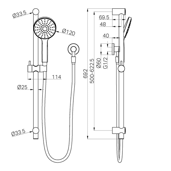 Technical Drawing Nero Dolce II Rail Shower Gun Metal NR322GM - The Blue Space