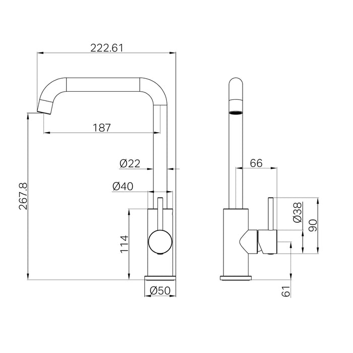 Technical Drawing Nero Dolce II Sink Mixer Square Spout - Brushed Nickel 25B019BN - The Blue Space
