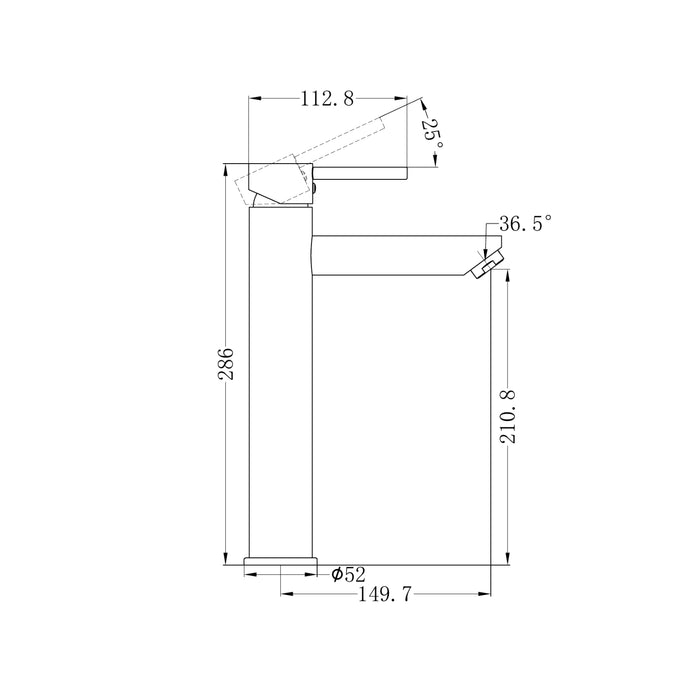 Technical Drawing Nero Dolce Tall Basin Mixer Brushed Nickel NR250804BN - The Blue Space
