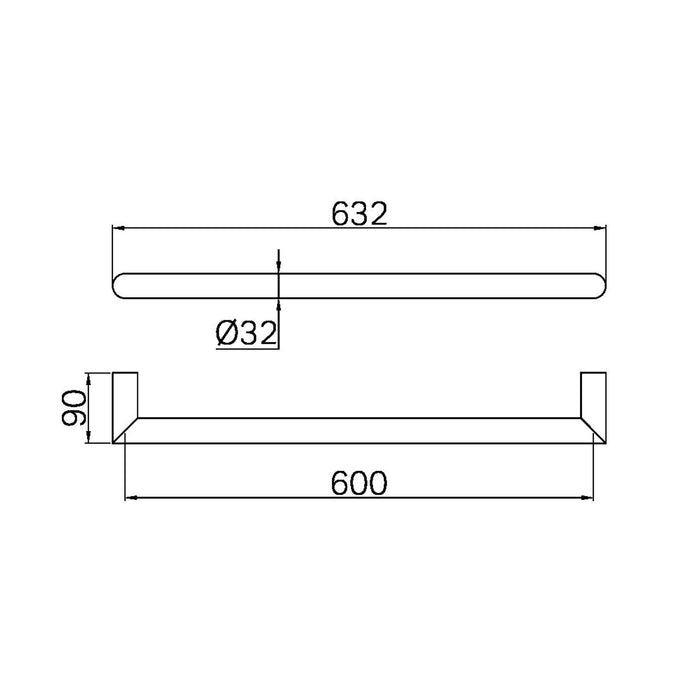 Technical Drawing Nero Mecca 240V Single Heated Towel Rail Brushed Bronze NR1925HBZ - The Blue Space