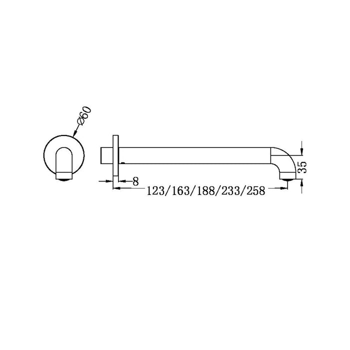 Nero Mecca Basin/Bath Spout Only Chrome technical drawing  | The Blue Space
