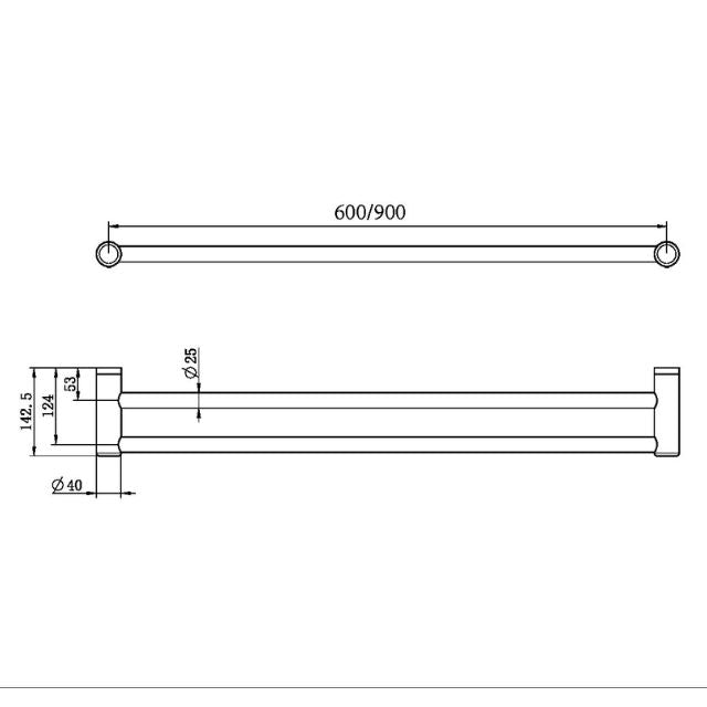 Technical Drawing Nero Mecca Care 25mm Double Towel Grab Rail 600mm Brushed Nickel NRCR2524DBN - The Blue Space