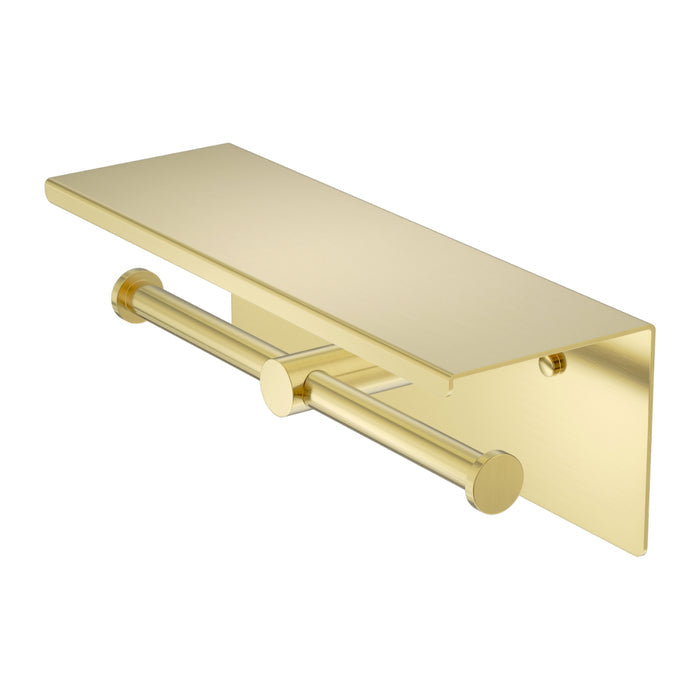 Nero Mecca Double Toilet Roll Holder With Shelf Brushed Gold NR1986EBG - The Blue Space