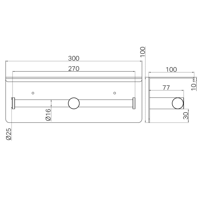 Technical Drawing Nero Mecca Double Toilet Roll Holder With Shelf Chrome NR1986ECH - The Blue Space