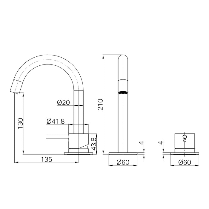 Technical Drawing Nero Mecca Hob Basin Mixer Set Arc Spout Chrome NR221901GCH - The Blue Space
