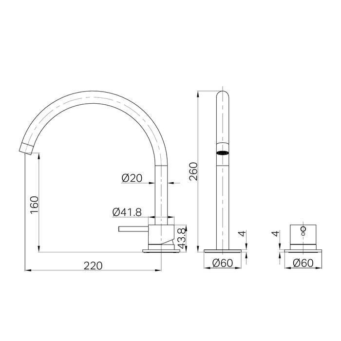 Technical Drawing Nero Mecca Hob Bath/Kitchen Mixer Set Arc Spout Chrome NR221901JCH - The Blue Space