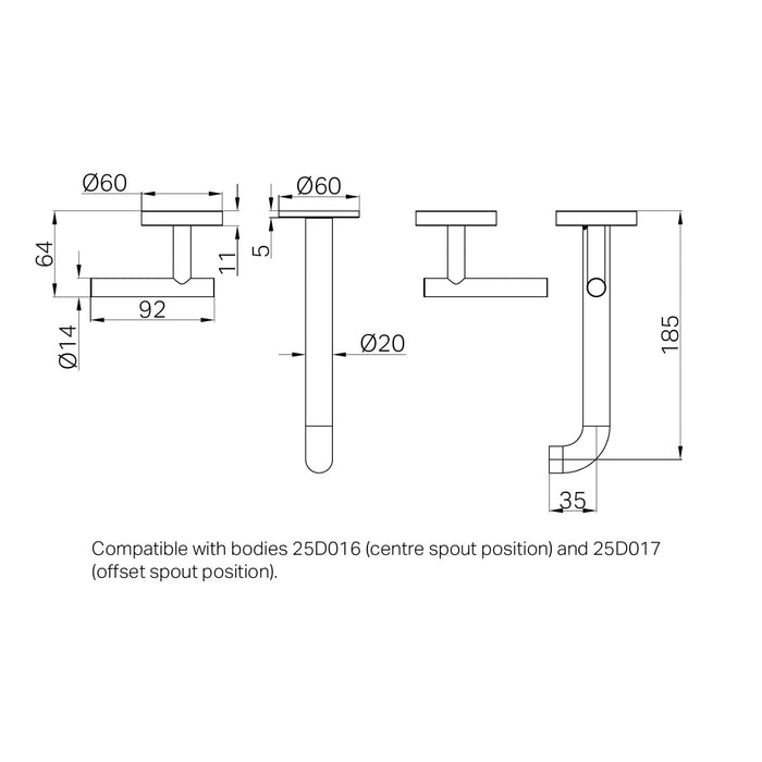 Technical Drawing Nero Mecca Lever Wall Basin/Bath Set 185mm Spout Trim kits Only Matte White 25D020MW - The Blue Space
