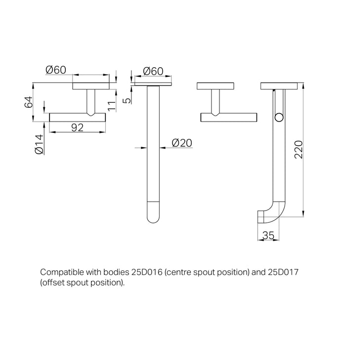 Technical Drawing Nero Mecca Lever Wall Basin/Bath Set 220mm Spout Trim kits Only Matte Black 25D021MB - The Blue Space