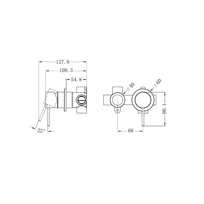 Technical Drawing Nero Mecca Shower Mixer With Horizontal 2 Way Divertor Brushed Nickel NR221911UBN_KIT - The Blue Space