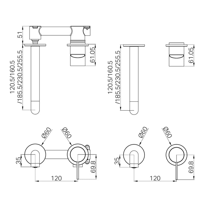 Nero Mecca Wall Basin/Bath Mixer Separate Back Plate 185mm Trim Kits Only Brushed Bronze